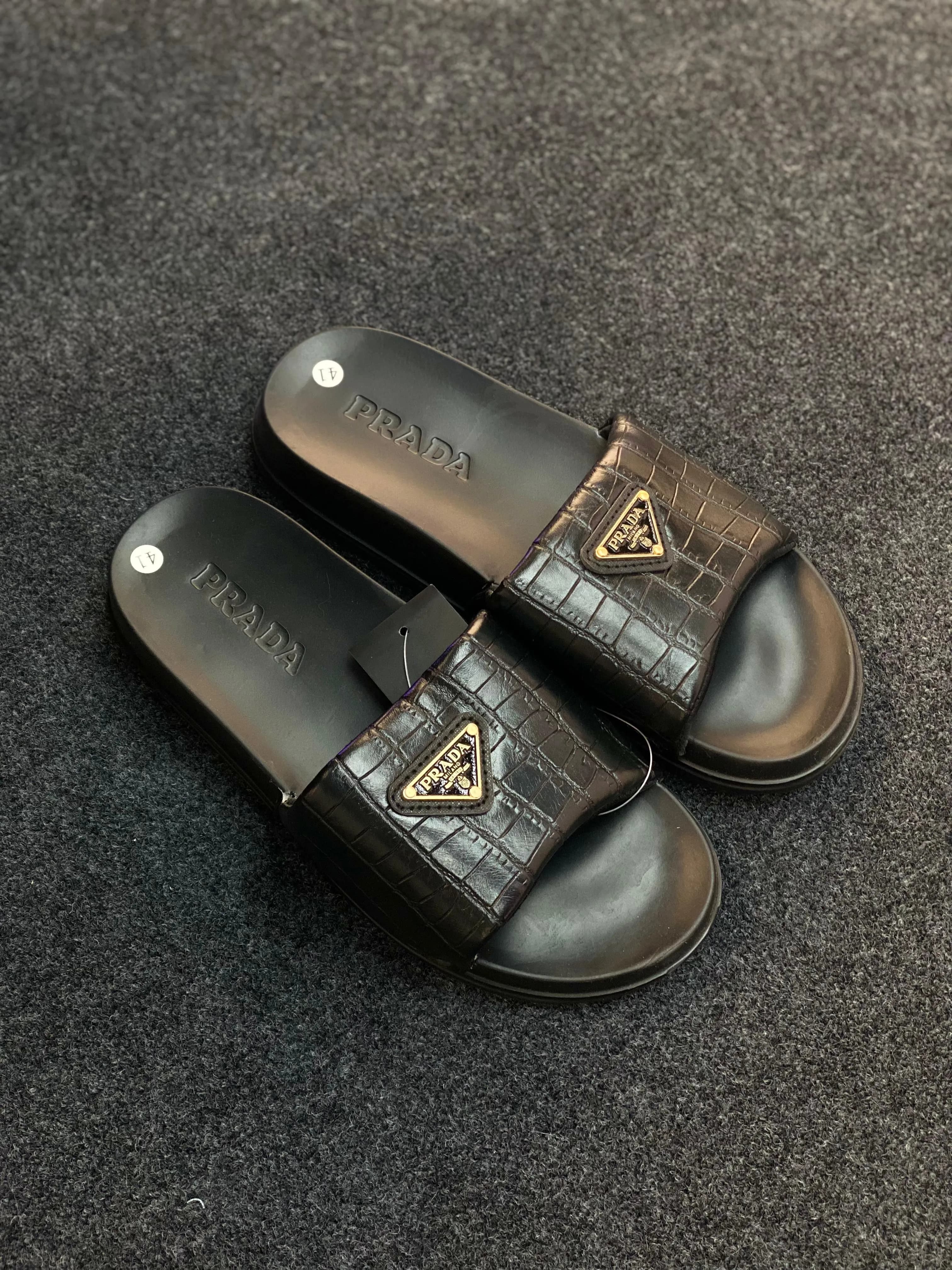 Prada Croc-Embossed Leather Slide Sandals