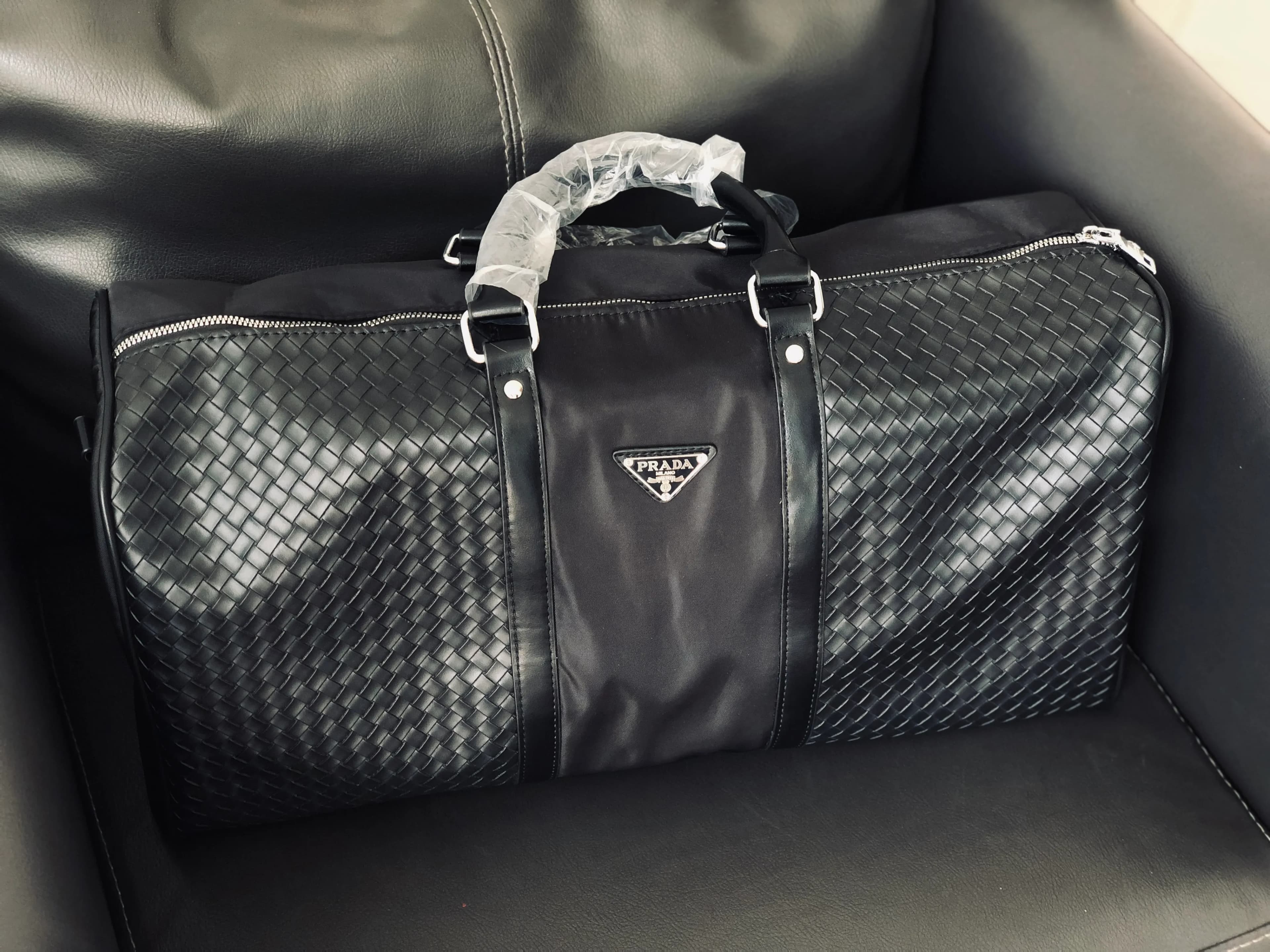 Prada Tessuto Nylon & Woven Leather Weekender Duffel Bag