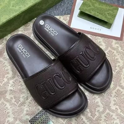 Men’s Pursuit Embossed Leather Slide Sandals in Espresso Brown