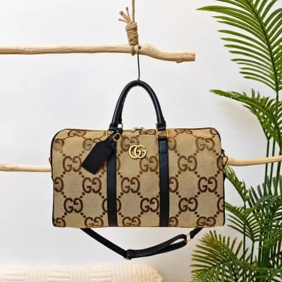 Gucci Jumbo GG Canvas Duffle Bag (Camel/Ebony & Black Leather)