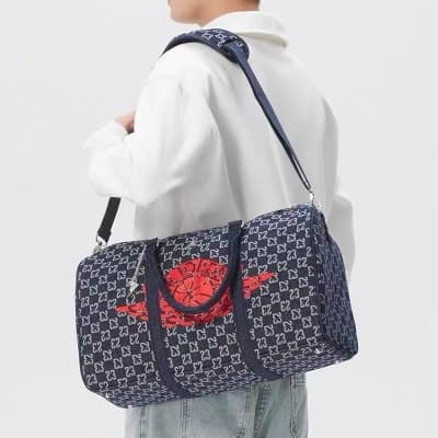 Jordan Wings Monogram Denim Duffle Bag (Indigo Blue / Varsity Red)